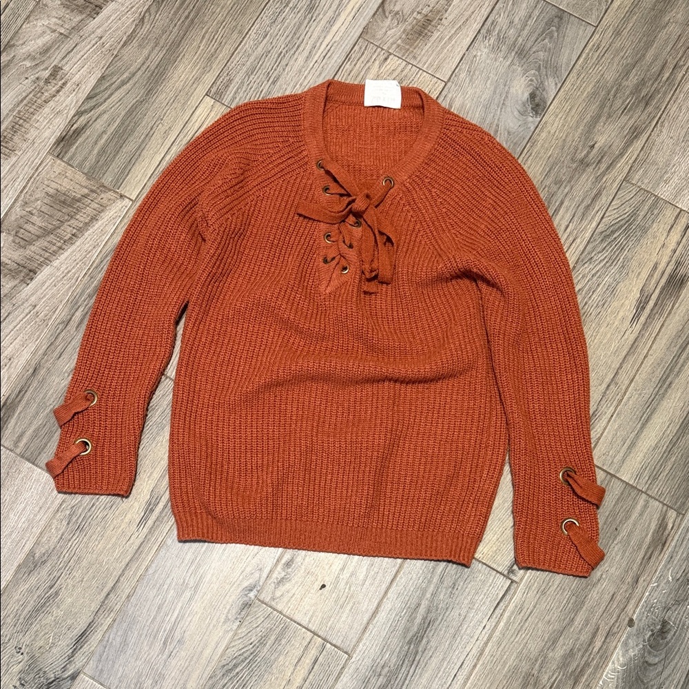 Lace-Up V-Neck Sweater in Rust Orange